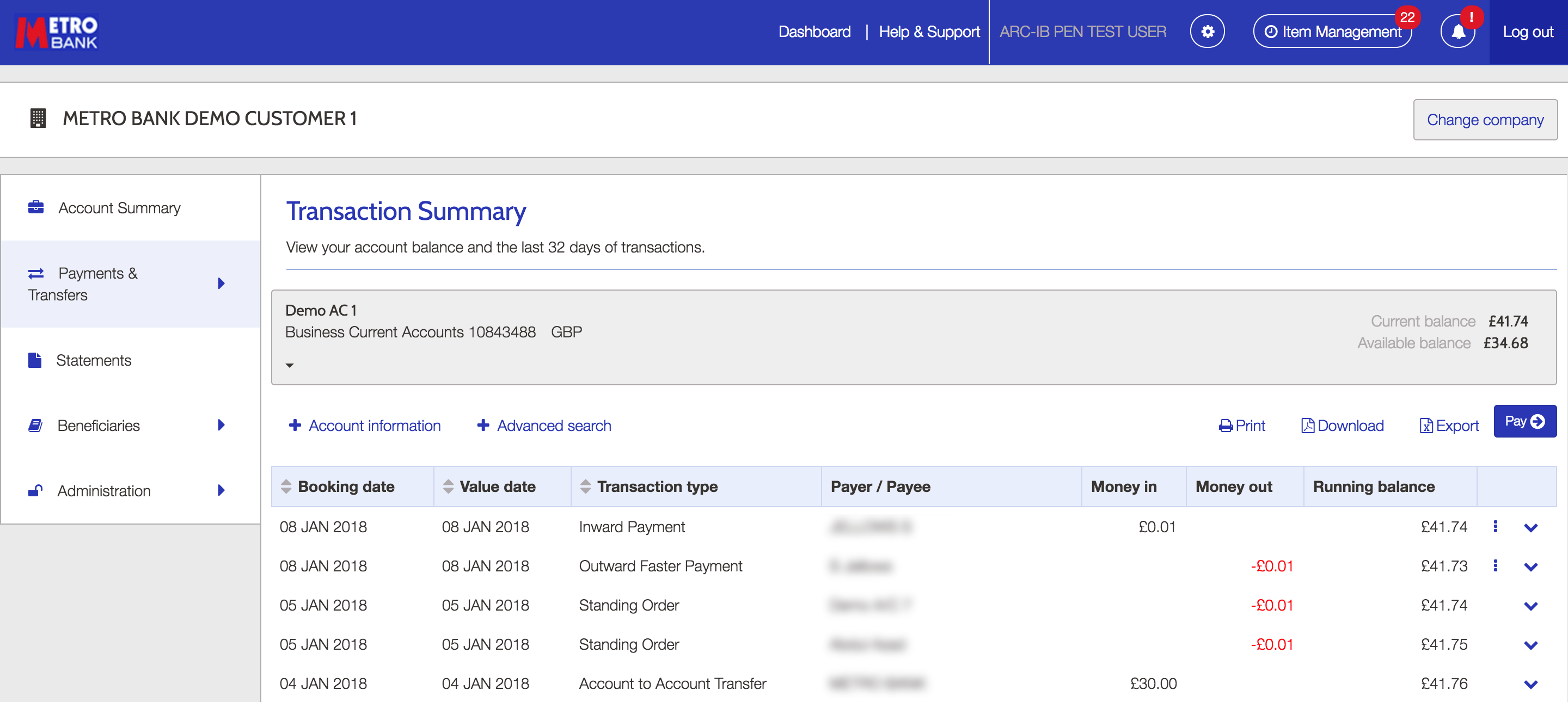 Transactions summary screen